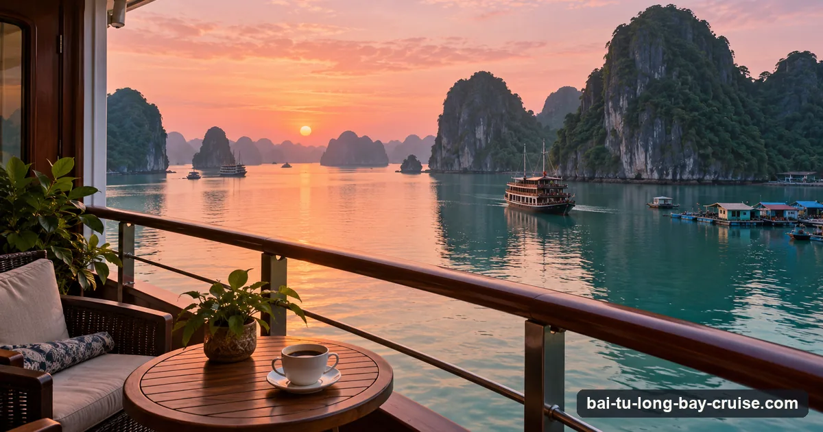 A cabin balcony with a coffee cup on a small table looking over still water and karst islands at dawn in Ha Long Bay