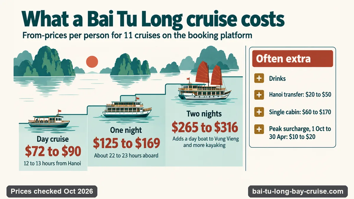 Infographic of Bai Tu Long Bay cruise prices: day cruises from $72 to $90, one night from $125 to $169 and two nights from $265 to $316 per person, with drinks, Hanoi transfers, single cabins and a peak-season surcharge often extra