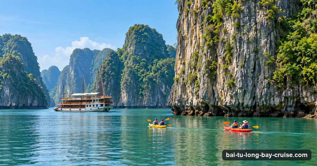 Two kayaks paddling below a sheer karst cliff with a day cruise boat anchored behind them in the Cong Do area of Ha Long Bay