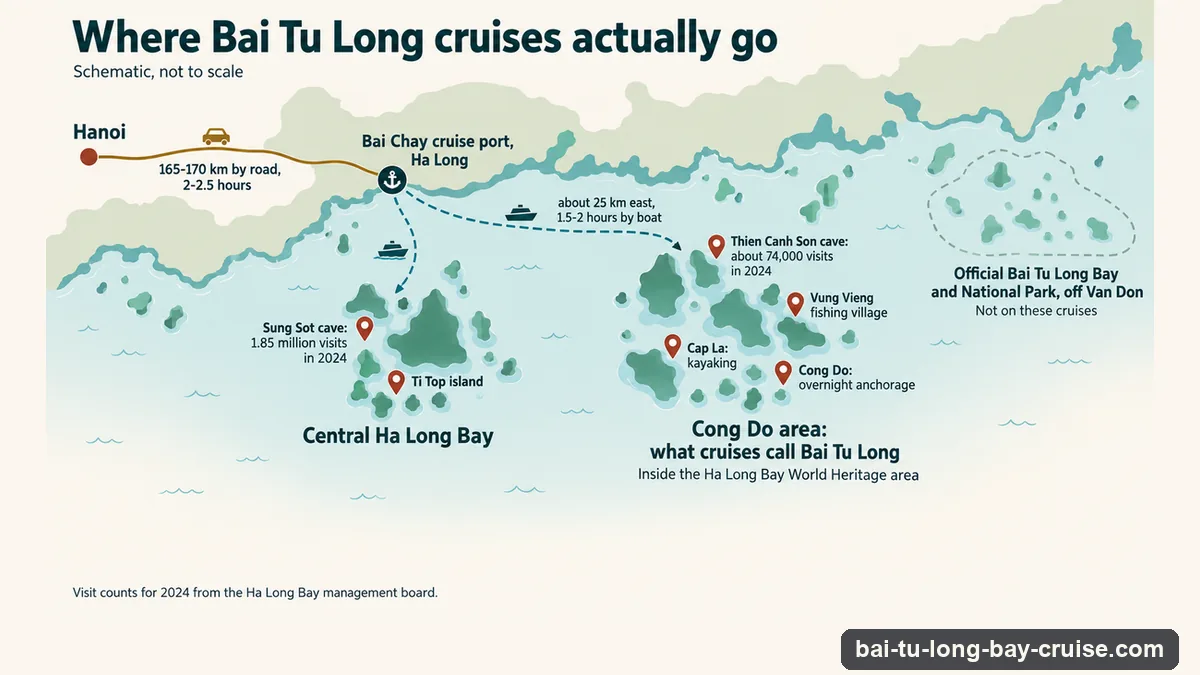 Schematic infographic of Bai Tu Long cruise routes: by road from Hanoi to the Bai Chay cruise port in Ha Long, then about 25 km east by boat to the Cong Do area, with the busy central bay and the official Bai Tu Long Bay off Van Don marked separately