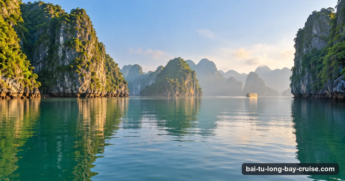 A calm cove between karst islands with a single cruise boat in the distance on the eastern side of Ha Long Bay