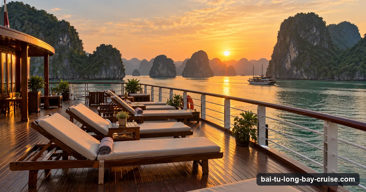 Sun loungers on the wooden sundeck of an overnight cruise boat facing karst islands at sunset in Ha Long Bay