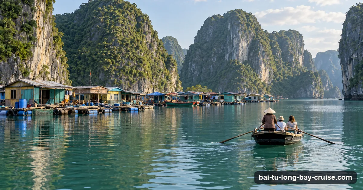 A rower in a conical hat takes two visitors past the floating houses of a fishing village at the foot of karst islands in Ha Long Bay